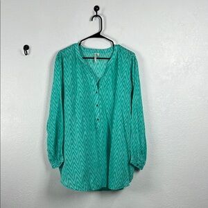 Grand‎ & Greene V-Neck Green & White Long Sleeve Shirt Sz 1X Lightweight Flowy